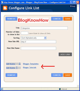 Blogger Configure Link List - Added Links to Create Categories in Blogger