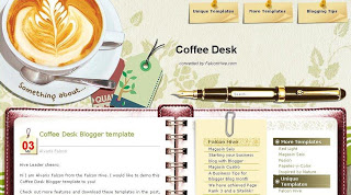 Coffee Desk - Free Blogger Template - 3 column, fixed width, 2 right sidebars, customized date feature, navigation menu, notebook style post section, rss subscribe button in footer, green, light, coffee cup header image