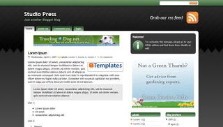 Free Blogger Template - Studio Press Green theme - 3 column, ads ready, Adsense ready, white, green, banners, rss link, search box, make money, fixed width, rounded corners