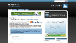Free Blogger Template - Studio Press Blue theme - 3 column, ads ready, Adsense ready, white, blue, banners, rss link, search box, make money, fixed width, rounded corners